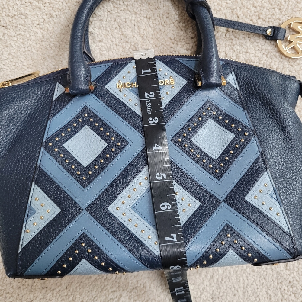 Like New Michael Kors Riley Blue Studded Patchwork Satchel - Picture 11 of 15